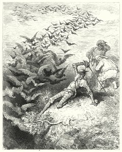 Don Quichotte de Gustave Doré : "Un nombre infini de corbeaux et de choucas surdimensionnés sortaient en se précipitant et en battant des ailes de la grotte" (gravure) - Gustave Dore