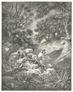 Don Quichotte de Gustave Doré : "Mais priez, monsieur," dit Sancho, "est-ce une bonne loi de chevalerie qui dit que nous devons errer de haut en bas, à travers les buissons et les ronces, dans ce désert rocheux?" - Gustave Dore
