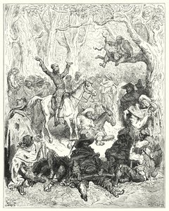Don Quichotte de Gustave Doré: "Don Quichotte, monté sur Rozinante, déclamant très abondamment contre leur mode de vie" - Gustave Dore