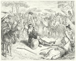 Don Quichotte de Gustave Doré: "Malgré ses armes, il le battit comme une gerbe de blé" (gravure)