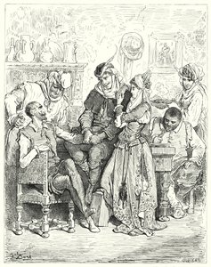 Don Quichotte : "Sancho et son maître restèrent trois jours avec le jeune couple et furent traités comme des princes" (gravure) - Gustave Dore