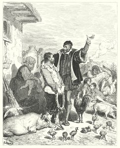 Don Quichotte de Gustave Doré : « Le chevalier lui fit tant de belles promesses que le pauvre niais consentit enfin à le suivre et à devenir son écuyer » - Gustave Dore