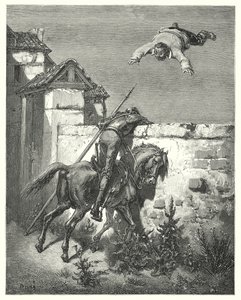 Don Quichotte de Gustave Doré : « Plus il tempêtait, plus ils le lançaient et riaient » - Gustave Dore