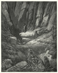 Don Quichotte de Gustave Doré : "Ils marchèrent environ trois quarts de lieue, puis parmi les rochers ils aperçurent Don Quichotte, qui avait déjà remis ses vêtements, mais pas son armure" - Gustave Dore
