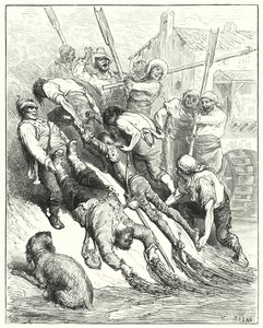 Don Quichotte de Gustave Doré : "Ils furent tous deux tirés à terre, plus trempés que assoiffés"