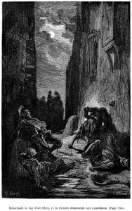 Illustration par Gustave Doré pour le roman de Théophile Gautier "Le Capitaine Fracasse" - Édition Charpentier 1883, pratiquement identique à la première édition illustrée par G. Doré chez le même éditeur en 1866. Chapitre "Épée, bâton et autres aventures" - Gustave Dore