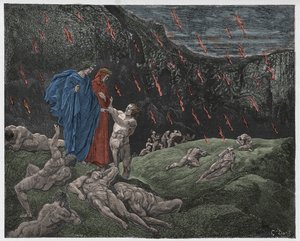 Inferno, Chant 15 : Brunetto Latini aborde Dante, illustration de "La Divine Comédie" de Dante Alighieri, 1885 - Gustave Dore