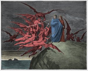 Enfer, Chant 21 : Les démons menacent Virgile, illustration de "La Divine Comédie" de Dante Alighieri, 1885 - Gustave Dore