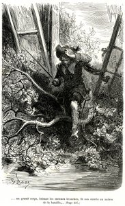 Jacquemin Lampourde, le pistolet à la main, arrive à un point dans la bataille. Gravure de Gustave Doré illustrant le roman picaresque de cape et d
