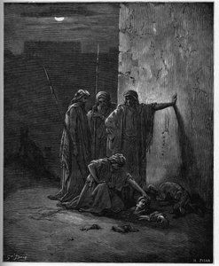 Les compagnons de Jéhu trouvant les restes de Jézabel - gravure sur bois pour la Bible par Gustave Doré - Les compagnons de Jéhu trouvent la tête et les extrémités de Jézabel - gravure dans « La Bible illustrée » par Gustave Doré (1832-1883) - Gravure tiré
