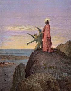 Jésus dans le désert, soumis à la tentation du diable - La tentation du Christ - Satan tenta Jésus - gravure par Gustave Doré - coloration ultérieure - Gustave Dore