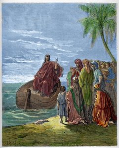 Jésus prêchant sur le lac de Génésareth (Génésareth, Ginosar ou Kinneret) (lac de Tibériade) (mer de Galilée) - gravure dans « La Bible illustrée » par Gustave Doré (1832-1883) - Gravure de « La Bible de Doré » - Gustave Dore