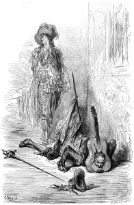 Leandre vient de casser une guitare sur la tête de Matamore, illustration pour "Capitaine Fracasse" - Gustave Dore