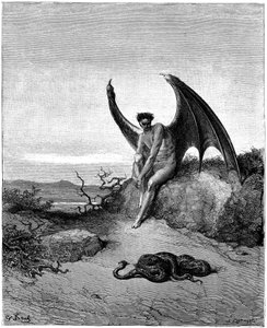 Lucifer (Satan, ange déchu, tombé du ciel sur Terre) rencontre le serpent. Illustration de Gustave Doré pour « Le Paradis perdu » de John Milton (1608-1674). Gravure de 1866. Collection privée - Gustave Dore