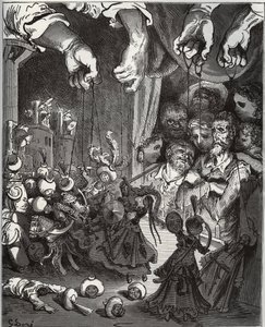 Le spectacle de marionnettes de Maese Pedro - de "Don Quichotte de la Manche" par Miguel Cervantes (1547-1616) - gravure sur bois d