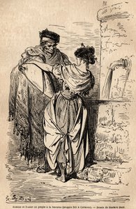 Homme et femme du peuple à la fontaine, à Carmona, village près de Séville. Croquis pris sur le vif par Gustave Doré (1832-1883). Gravure pour illustrer le voyage en Espagne, en 1862 par Charles Davillier et Gustave Doré, dans « Le tour du monde, nouveau - Gustave Dore