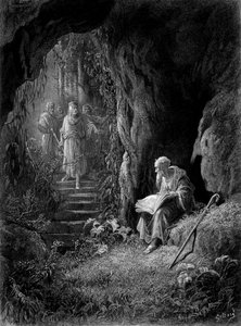 Merlin découvert par les officiers du roi Arthur dans la forêt de Brocéliande (Cycle des chevaliers de la Table Ronde) - dans "Viviane" par Alfred Tennyson, illustration par G. Doré - Gustave Dore
