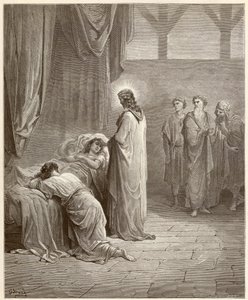 Miracle : Jésus-Christ a guéri la fille de Jaïre (Jairus ou Jaïros). Gravure de la Bible illustrée par Gustave Doré (1832-1883) - Gustave Dore