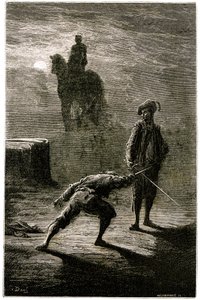 Duel nocturne au clair de lune entre le baron de Sigognac et Jacquemin Lampourde, sous la statue équestre du Roi de Bronze. Gravure de Gustave Doré illustrant le roman de Théophile Gautier « Le capitaine Fracasse », édition Charpentier 1863 - Gustave Dore