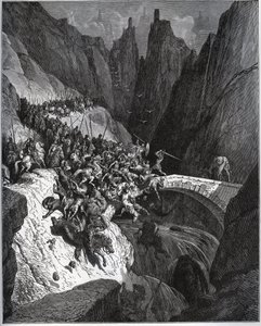Récit des exploits du chevalier Diego Garcia de Paredes - de "Don Quichotte de la Manche" par Miguel Cervantes - Gravure sur bois d