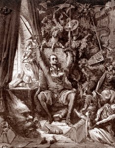 Représentation de Don Quichotte dans sa bibliothèque entouré des créatures de ses livres, gravure de Gustave Doré (1832-1883) pour L