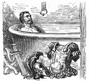 Soldat romain se baignant aux thermes de Bagnères-de-Bigorre : gravure de Gustave Doré illustrant le livre « Voyage aux Pyrénées » de Hippolyte Taine, Hachette 1860.