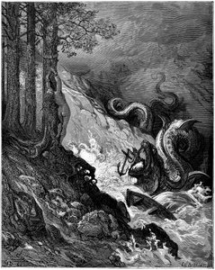 Ruggiero combat le monstre marin (dragon) qui menace Olimpia attachée nue à un arbre, bloque ses mâchoires avec une ancre et sauve Olimpia (chant 11 stance 37) - Gravure de Gustave Doré (1832-1883) illustrant « Roland furieux » (1878) de Ludovico Ariosto