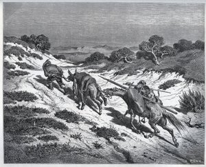 Sancho Panza, Don Quichotte et leurs montures après leur défaite contre les Yangues - de « Don Quichotte de la Manche » par Miguel Cervantes (1547-1616) - Gravure sur bois d