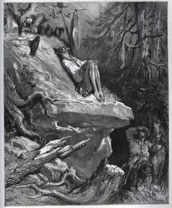 Sancho Panza retrouve son maître, toujours en pénitence - de "Don Quichotte de la Manche" par Miguel Cervantes - Gravure sur bois d