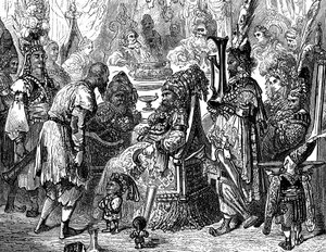 Sindbad le marin - conte des mille et une nuits - illustration de Gustave Doré (détail) - édition Maxwell 1865 - Prologue : un pauvre porteur (Hinbad) se présente devant Sindbad, devenu vieux et riche. Ce dernier va lui raconter... - Gustave Dore