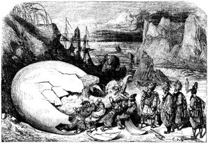 Sindbad le marin - conte des mille et une nuits - illustration par Gustave Doré - édition Maxwell 1865 - Cinquième voyage : les marchands accompagnant Sindbad brisent la coquille d