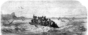 Sindbad le marin - conte des mille et une nuits - illustration de Gustave Doré - édition Maxwell 1865 - Troisième voyage : Sindbad et ses compagnons naviguent à bord d
