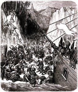 Sindbad le marin - conte des mille et une nuits - illustration de Gustave Doré - Troisième voyage : une tempête jette le navire de Sindbad et de ses compagnons sur une île où ils sont assaillis par une multitude de petits êtres hideux - Gustave Dore