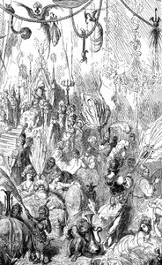Sindbad le marin - conte des mille et une nuits - illustration de Gustave Doré - édition Maxwell 1865 - Sixième voyage - cette gravure peut représenter la cour du roi de Serendib ou celle du calife Haroun al-Rachid