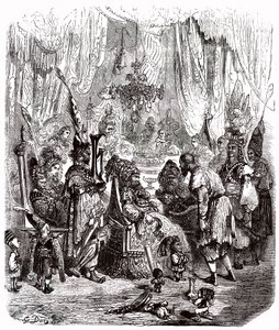 Sindbad le marin - conte des mille et une nuits - illustration de Gustave Doré - édition Maxwell 1865 - Prologue : un pauvre porteur (Hinbad) se présente devant Sindbad, devenu vieux et riche. Ce dernier racontera ses aventures - Gustave Dore