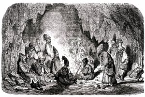 Sindbad le marin - conte des mille et une nuits - illustration de Gustave Doré - édition Maxwell 1865 - Premier voyage : Sindbad, abandonné au milieu de la mer par ses compagnons, atteint une île et rencontre dans une grotte le palefrenier - Gustave Dore
