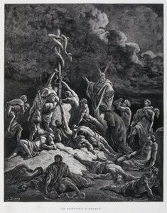 Alors Moïse fit un serpent de bronze et le mit sur un poteau. Nombres 21:7, Illustration de la Bible de Doré - Gustave Dore