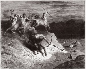 La Divine Comédie, Inferno, Chant 12 : Les centaures attaquent les âmes dans le sang bouillant - par Dante Alighieri (1265-1321) - Illustration par Gustave Doré (1832-1883) - Gustave Dore
