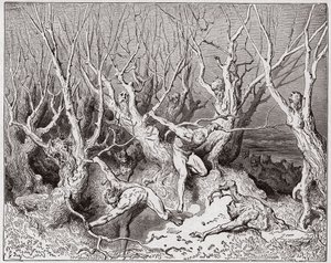 La Divine Comédie, Enfer, Chant 13 : Les suicidés fuient la forêt - par Dante Alighieri - Illustration par Gustave Doré - Gustave Dore