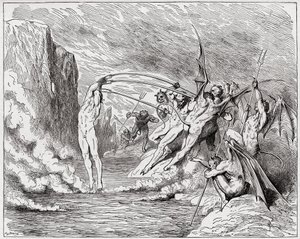 La Divine Comédie, Enfer, Chant 21 : Les diables tourmentent les barateurs (Illustration de Gustave Doré)