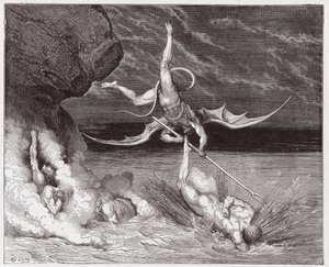 La Divine Comédie, Enfer, Chant 22: Ciampolo échappe au démon Alichino dans la cinquième bolgia - Illustration de Gustave Doré - Gustave Dore