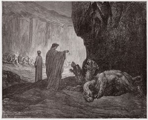 La Divine Comédie, Enfer, Chant 6 : Virgile nourrit Cerbère dans le troisième cercle (Illustration de Gustave Doré) - Gustave Dore