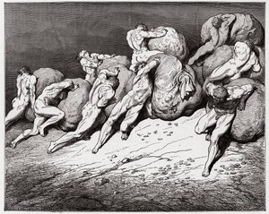 La Divine Comédie, Enfer, Chant 7 : Les âmes des avares et des prodigues forcées de rouler des pierres lourdes (Illustration de Gustave Doré) - Gustave Dore