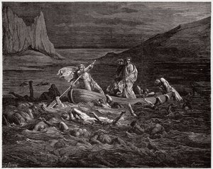 La Divine Comédie, Enfer, Chant 8 : Phlégias transporte Dante et Virgile à travers le Styx (Illustration de Gustave Doré) - Gustave Dore