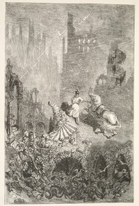 La Chute du Château du Roi Pellam, des Histoires des Jours du Roi Arthur par Charles Henry Hanson, pub.1898 - Gustave Dore
