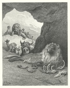 Les Fables de La Fontaine : Le Lion malade et le Renard (gravure) - Gustave Dore
