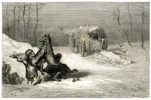 Le brigand Agostin est attaqué par un loup, près du cheval mort encore attaché à la charrette abandonnée par les comédiens, ou cache la petite Chiquita. Gravure de Gustave Doré illustrant le roman de Théophile Gautier « Le capitaine Fracasse », édition Cha - Gustave Dore
