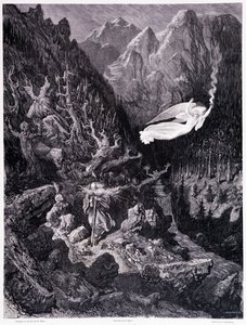 Le vieil homme tenant une bourse et son bâton marchant dans un paysage hostile est surmonté par un ange agitant une lance de feu, Planche VII - Illustration de Gustave Doré pour La légende du Juif errant de Pierre Dupont, édition Librairie du magasin pitto - Gustave Dore