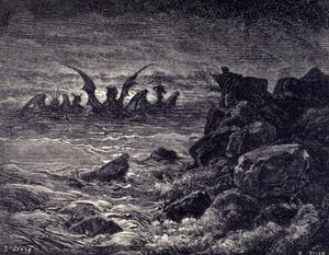 Le prophète Daniel voit apparaître des monstres : Haniel, Kafziel, Azriel, Aniel. Gravure de la Bible illustrée par Gustave Doré. 19e siècle - Gustave Dore