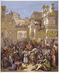 Le triomphe de Mardochée (ou Mordekhai ou Mardochée) - Triomphe de Mardochée - gravure dans « La Bible illustrée » par Gustave Doré (1832-1883) - Gravure de « La Bible de Doré »